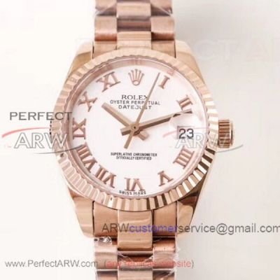 ARF Rolex Datejust Rose Gold Fluted Bezel White Roman Markers Dial 28mm Women's Watch